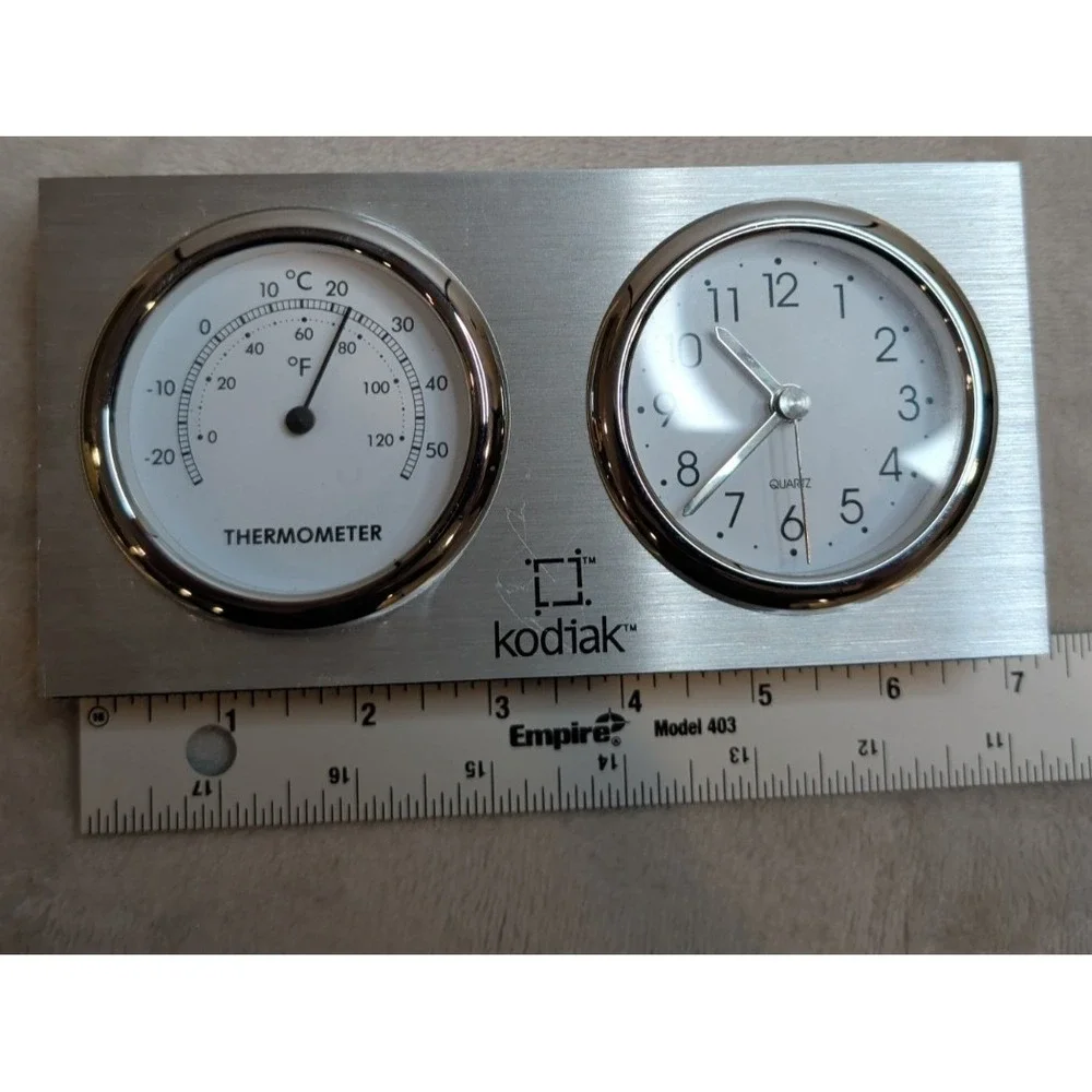 Kodiak Brushed‎ Silver Desk Clock and Thermometer Dual Dial Analog Quartz Office